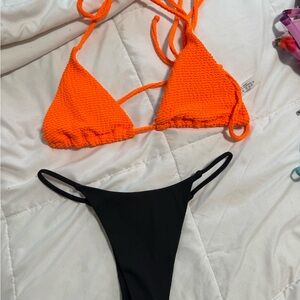 SHEIN Orange Triangle Bikini Top with Black High-Cut Bottom